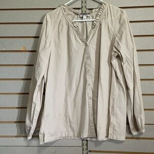 d & co Denim Company Long Sleeve Button Down Shirt Blouse Sz L‎ V Ruffled Neck